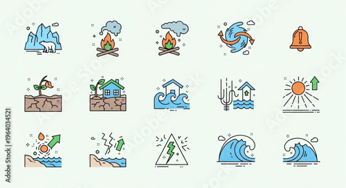 Collection of Natural Disaster Icons Depicting Various Environmental Calamities.