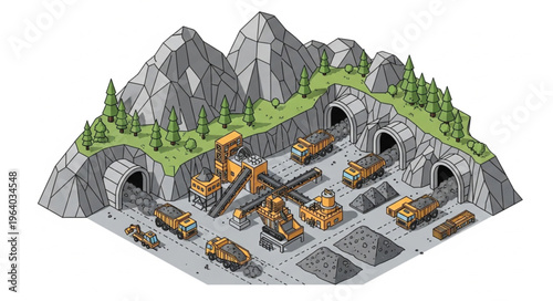 Isometric Mountain Mining Village with Tunnels and Shafts.