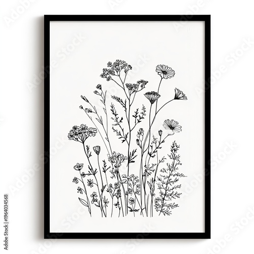 Immersive Wildflower Line Art Composition with Herbaceous Umbellifers – Botanical Visual for Sustainable Wellness and Eco-Friendly Branding