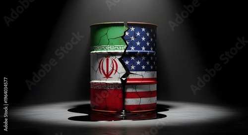 Cracked oil barrel with Iran and USA flags, global energy crisis, geopolitical conflict concept
