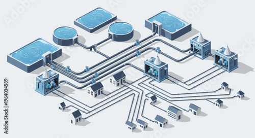 Isometric network infrastructure illustration showing interconnected data nodes.