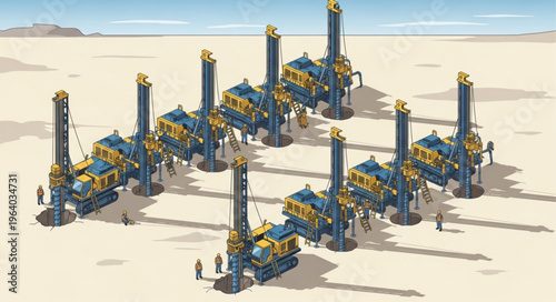 Isometric Oil Drilling Rigs in a Desert Landscape.