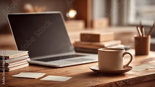 Immersive Workspace Composition Featuring Laptop and Coffee Cup – Digital Wellness Visual for Remote Productivity and Inclusive Design Trends