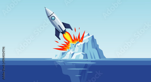 a powerful rocket launching from an exploding iceberg in the deep blue ocean symbolizing breakthrough and environmental change.