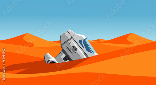 crashed spaceship half-buried in a vast desert landscape evoking mystery and the concept of a long-lost sci-fi wreck
