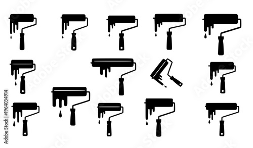 Collection of Paint Roller Icons with Dripping Paint Effects in Minimal Black Style for Wall Painting, Home Renovation, Construction, and Creative Design Projects