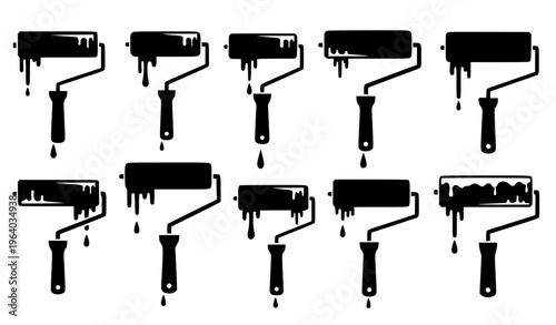 Set of Paint Roller Icons with Dripping Paint Effects in Minimal Black Style for Home Renovation, Wall Painting, Construction, and Creative Design Projects