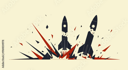 rocket crash illustration depicting a startup failure or project collapse with two rockets and an explosion of geometric shards against a pale background.