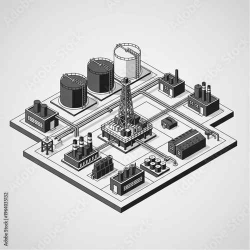 Isometric Oil Refinery Complex - A Detailed Pixel Art Illustration.