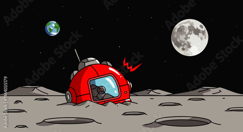 crashed red space capsule on the moon surface showing a broken window with earth and a full moon in dark outer space