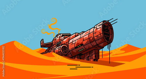 crashed spaceship a large abandoned sci-fi vehicle wreck partially buried in desolate desert landscape emitting smoke.