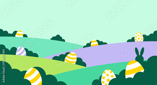 easter egg hunt in a cheerful spring landscape with hidden colorful eggs and an easter bunny ideal for festive designs.