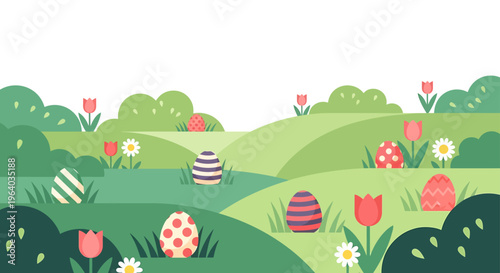 easter egg hunt in a vibrant flat design spring landscape with colorful eggs green hills and blooming flowers.