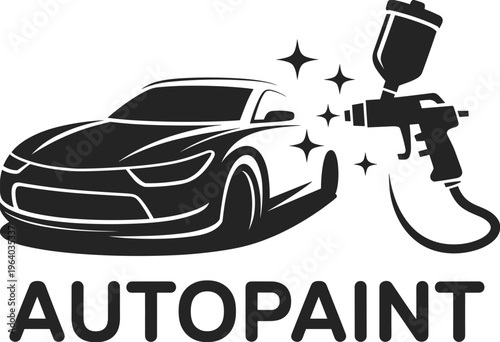 Auto paint logo vector featuring a black car silhouette with a professional spray gun and sparkling stars for automotive body shop branding.