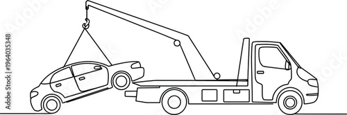 Continuous one line drawing of a tow truck lifting a broken car for roadside assistance service minimalist vector illustration for automotive business.