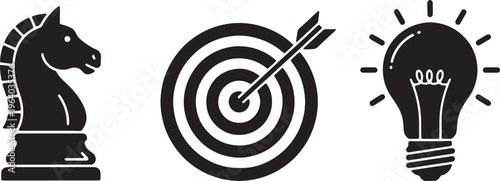 Business strategy icons, chess knight, target with arrow, light bulb vector symbols isolated on Transparent Background