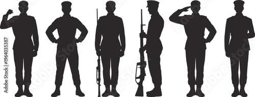 Military soldier silhouette set collection featuring officers in uniform saluting standing and holding rifles vector illustration isolated on white background for design.