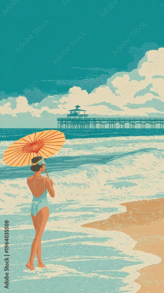 Fototapeta premium Vintage Beach Vacation Scene With a Person in Swimwear Near the Ocean and a Classic Pier on a Sunny Summer Day in the 1950s
