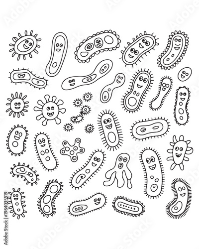 A collection of various cartoon style microorganisms shown in a black and white coloring page style