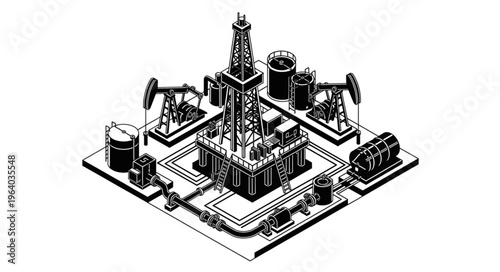 Isometric Oil Rig and Pumpjacks Illustration for Energy Production.