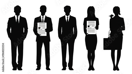Set of recruitment agency silhouettes with hiring process and candidate selection elements