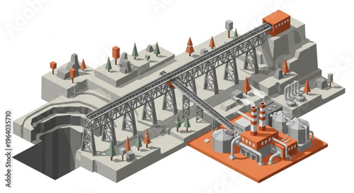 Isometric Open Pit Mining Conveyor System Infrastructure.