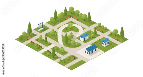 Isometric park with pathways trees and small houses.