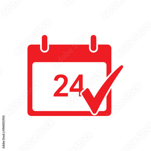 Red calendar graphic illustrating twenty-four hour availability marked with a large check indicating constant service confirmation.
