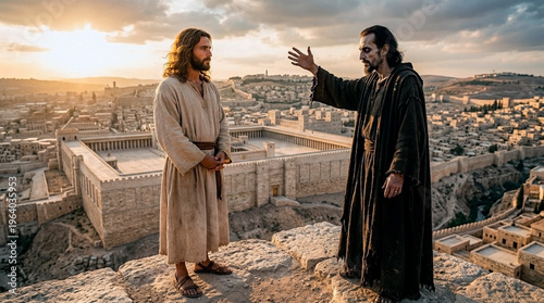 Jesus and the devil on the Temple pinnacle above Jerusalem