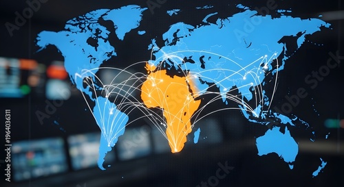 Global logistics network map with Africa highlighted in orange, world connectivity lines on digital screen, international trade and data exchange concept