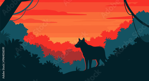 Silhouette of a lone wolf standing in a lush jungle during a vibrant sunset in this captivating vector illustration