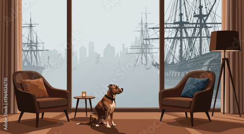 A Loyal Companion Waits A Vector Illustration of a Dog in a Cozy Room with a Scenic View of Sailing Ships