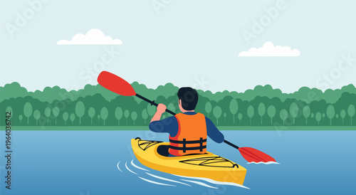 Vector illustration of a person kayaking on a calm lake surrounded by lush green trees, enjoying outdoor recreation and adventure