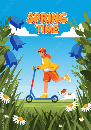 Spring Time vector illustration of a boy riding a scooter through a grassy field with flowers and a dog, celebrating the season