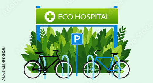 Eco Hospital Parking Vector Illustration Sustainable Healthcare with Bicycle Rack and Greenery