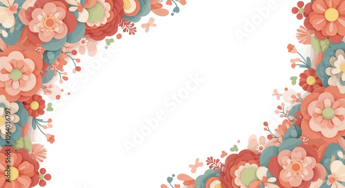Decorative Floral Border with Coral, Teal, and Yellow Flowers and Butterflies