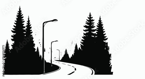 Vector illustration of silhouette of a winding road through a pine forest with street lamps