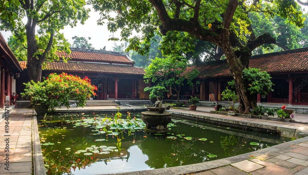 Fototapeta premium A serene courtyard with a pond and trees
