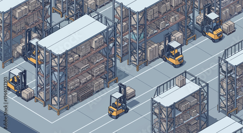 Forklifts operating in warehouse loading area.
