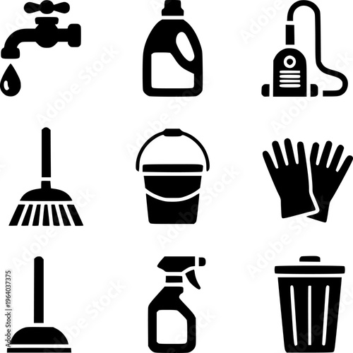 Collection of black cleaning a white background including faucet broom bucket spray bottle vacuum