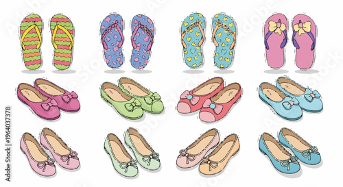 Colorful Cartoon Shoes, Flat Illustrations, Kids Footwear, Vector Icons
