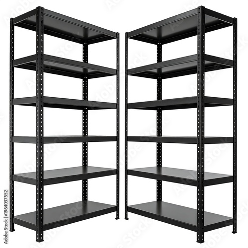 Two black metal shelving units, each with six shelves, stand side-by-side