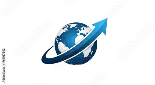 Globe with blue arrow rotating.