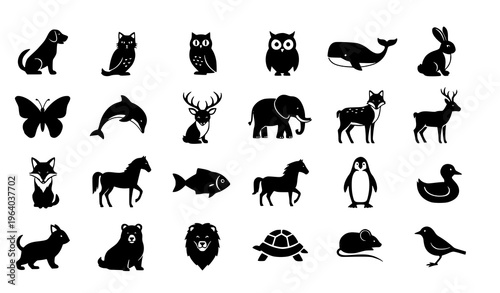  Animal Silhouette Collection Featuring Dog, Owl, Whale, Rabbit, Butterfly, Dolphin, Elephant, Deer, Horse, Penguin, Fish, Turtle, and Wildlife Icons for Nature Design