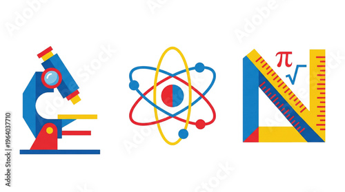 A colorful illustration of science and math symbols including a microscope, atom, and ruler on a black background.