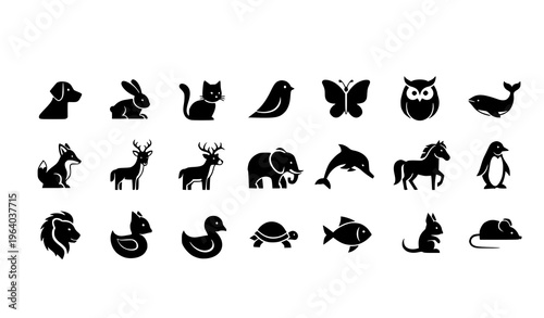  Animal Silhouette Icon Set Featuring Dog, Cat, Bird, Butterfly, Elephant, Dolphin, Horse, Penguin, Fish, and Wildlife Collection for Nature and Zoo Design