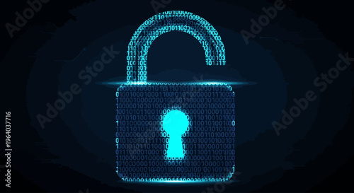 Glowing blue digital padlock icon.