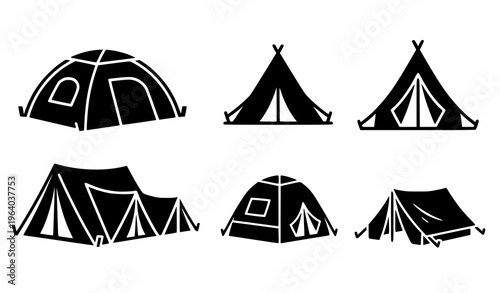  Camping Tent Silhouette Icon Set Featuring Dome Tent, Teepee Tent, Canvas Shelter, and Outdoor Camping Equipment for Adventure, Travel, and Nature Design
