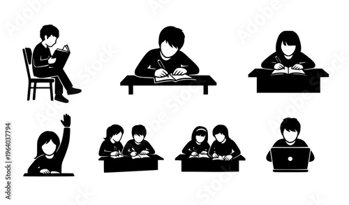  Student Learning and Classroom Silhouette Set Featuring Reading, Writing, Raising Hand, Group Study, and Laptop Use for Education and School Design