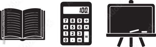 Education icons, school supplies, book, calculator, blackboard vector set isolated on Transparent Background